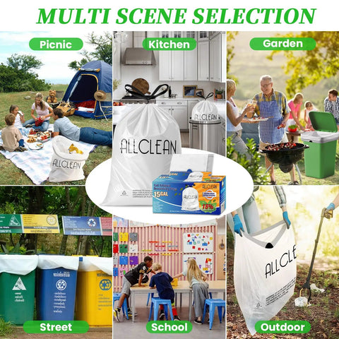 Collage showing 15 Gallon Tall Kitchen Trash Bags With Beefy Drawstring Handles in picnic, kitchen, garden settings
