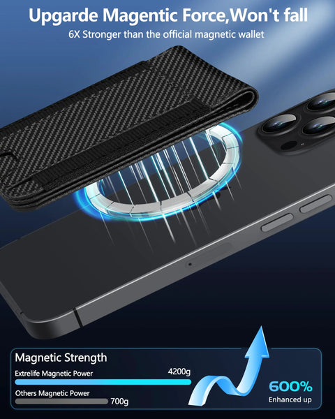 Dope MagSafe Wallet With Money Clip And Find My Tracking For IPhone 12 Through 17 Eight Card Slots RFID Blocking Rechargeable Stand Carbon Fiber Black showing magnetic attachment to phone