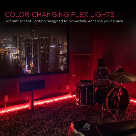 24Ft Color Changing LED Light Strip For Indoor And Outdoor Use With Linkable Neon Rope Lights illuminating a music room