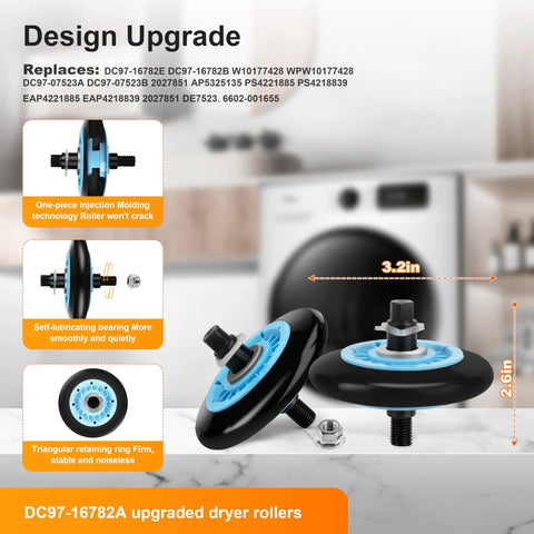 Upgraded Dryer Repair Kit With Roller Replacement, Idler Pulley, And Belt For DV40J3000EW A2, blue rollers on table, size details