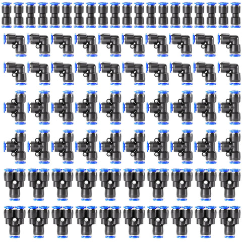 Quarter Inch Push To Connect Pneumatic Fittings Kit 80 Piece Set with 20 splitters, 20 elbows, 20 tees, 20 straights for air tubing.