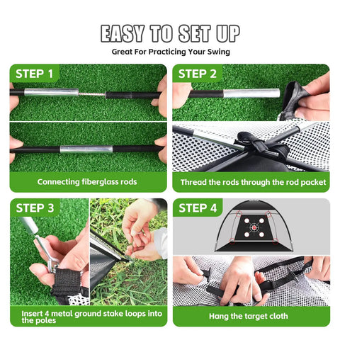 10x7 Ft Golf Net With Tri Turf Mat And Real Balls Set setup instructions showing how to connect rods and assemble target cloth.
