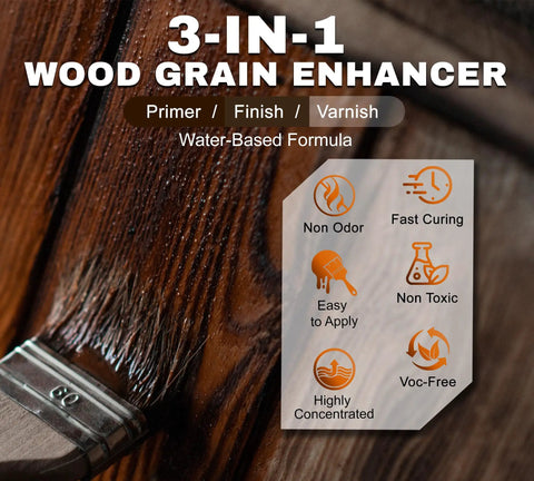 Close-up of brush applying 3-IN-1 Wood Grain Enhancer, water-based wood stain ideal for finishing cabinets and furniture.