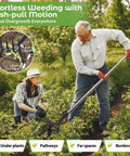 Person using 2 In 1 Heavy Duty Garden Hoe And Cultivator With 60 Inch Adjustable Handle Lightweight Weeding Tool for effortless weed removal in a garden.