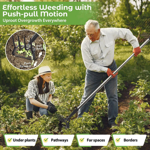 Person using 2 In 1 Heavy Duty Garden Hoe And Cultivator With 60 Inch Adjustable Handle Lightweight Weeding Tool for effortless weed removal in a garden.