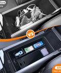 Before and after installation of Center Console Tray Organizer For 2025 2026 Toyota Camry XSE XLE SE LE Armrest Storage Box Keeps Pens Phones Glasses Handy And Hidden 9th Gen Interior Accessories showing organized tray with items neatly placed.