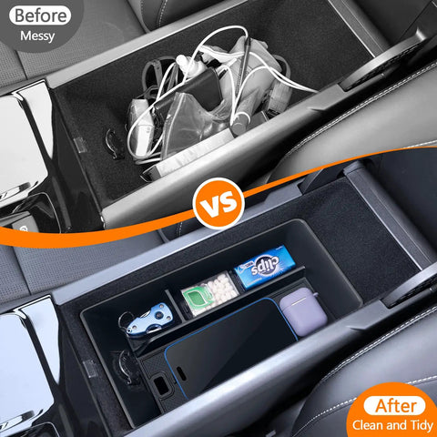 Before and after installation of Center Console Tray Organizer For 2025 2026 Toyota Camry XSE XLE SE LE Armrest Storage Box Keeps Pens Phones Glasses Handy And Hidden 9th Gen Interior Accessories showing organized tray with items neatly placed.