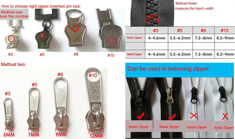 Comparison of zipper retainer sizes and compatibility with resin and metal zippers, includes labeling for Two Pack Gunmetal Zipper Head Sliders Retainer Insertion Pins Repair Kit For Metal And Resin Zippers Not Nylon DIY Friendly Replacement Tool For Bags And Garments.