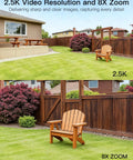 Outdoor seating area with wooden chair, 2.5K video resolution, showcasing 8x zoom clarity around fenced garden.