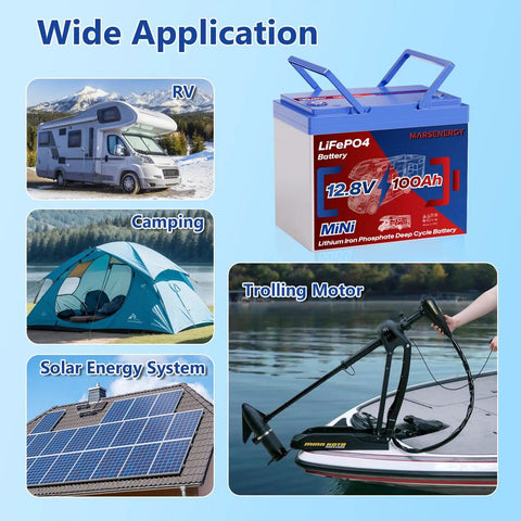 12V 100Ah LiFePO4 Battery With Built In 100A Smart BMS for RV, camping, trolling motor, solar panel applications