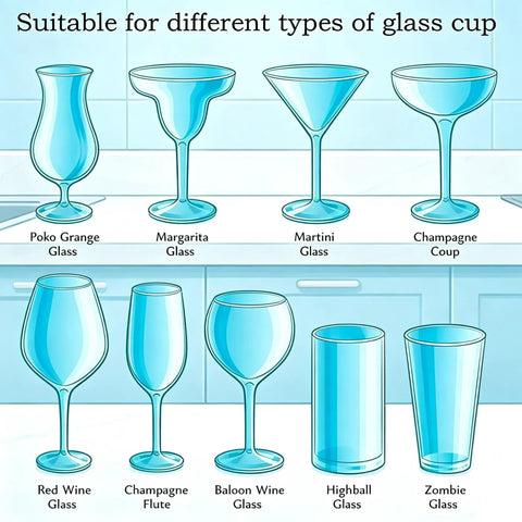 Different glass types for cocktails, including margarita, martini, and champagne glasses, for Kickass Countertop Glass Froster.