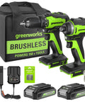 24V Brushless Cordless Drill And Impact Driver Combo Kit With Half Inch Drill, Quarter Inch Hex Impact, Dual Batteries, Fast Charger, 8-Piece Bit Set And Carry Bag For DIYers And Pros.