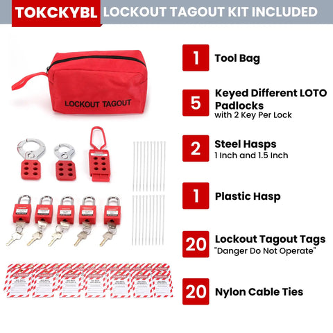 Lockout Tagout Kit 48 Piece OSHA Compliant Safety Gear with red bag, padlocks, hasps, tags, zip ties for safe maintenance