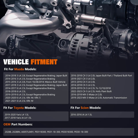 Alternator Replacement For Mazda 3 2014 2018 Mazda 6 2014 2021 CX-3 2016 2021 CX-5 2013 2019 2022 2023 MX-5 Miata 2016 2023 Scion IA 2016 Yaris 2019 2020 Yaris IA 2017 2018 12V 100A CW 6-Groove Pulley Vehicle Fitment Chart