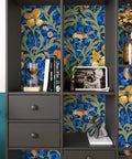 Vintage Bird Peel and Stick Wallpaper in Blue Floral Pattern lining bookshelves with decor, 17.7 by 354 Inches vinyl contact paper.