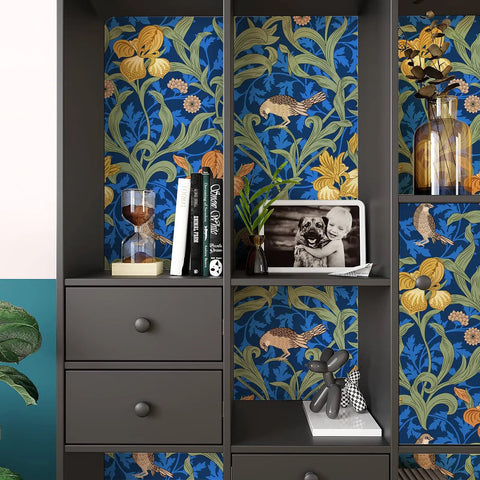 Vintage Bird Peel and Stick Wallpaper in Blue Floral Pattern lining bookshelves with decor, 17.7 by 354 Inches vinyl contact paper.