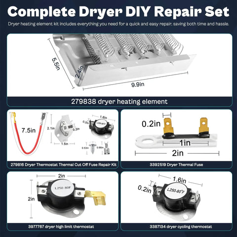 Dryer Heating Element Replacement For Roper And Whirlpool That Fits Like A Charm Easy Install 2406028 W10724237 RED4516FW0 image showing kit components.