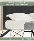 Queen Size Platform Bed Frame With Velvet Headboard And Wing Edge Design Crafted From Solid Wooden Slats For Legit Noise Free Rest No Box Spring Needed Straight Up Easy Assembly Matte Black Finish, close-up of quilted velvet headboard.