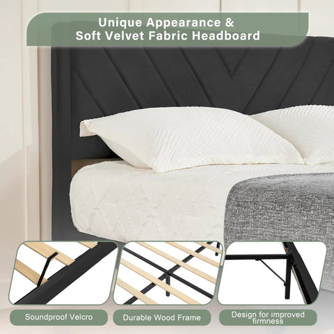 Queen Size Platform Bed Frame With Velvet Headboard And Wing Edge Design Crafted From Solid Wooden Slats For Legit Noise Free Rest No Box Spring Needed Straight Up Easy Assembly Matte Black Finish, close-up of quilted velvet headboard.