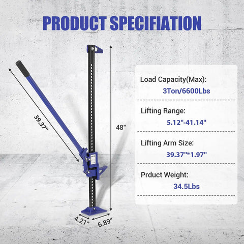 48 Inch Utility Farm Jack 6600 Lb High Lift Ratcheting Off Road Jack with specifications chart