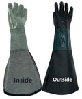 Green 23.6 Inch Sandblasting Gloves For Sandblaster Cabinets Rubber Protective Gloves Long Wear Tough As Nails For Heavy Duty Grinding Sand Crafting Great For Auto Shops And DIY Projects, inner and outer view