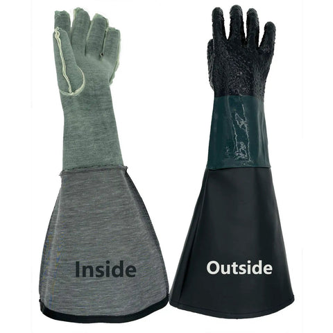Green 23.6 Inch Sandblasting Gloves For Sandblaster Cabinets Rubber Protective Gloves Long Wear Tough As Nails For Heavy Duty Grinding Sand Crafting Great For Auto Shops And DIY Projects, inner and outer view