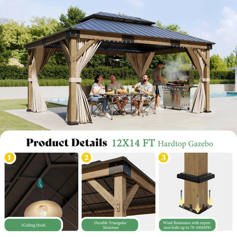 12x14 Heavy Duty Hardtop Gazebo With Double Metal Roof Wood Outdoor Pavilion With Privacy Curtains And Mosquito Netting Perfect For Backyard Garden Or Patio Weatherproof All Season Shelter Brown