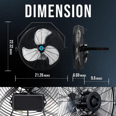 Dimensions of 2 Pack 18 Inch High Velocity Industrial Wall Fans With TEAO Enclosure Motor, 4000 CFM, 3 Speed, 6.5 Ft Cord
