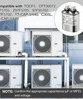 5uF Dual Run Oval Capacitor 370 To 440VAC CBB65-V Built Tough for HVAC units with compatibility details.