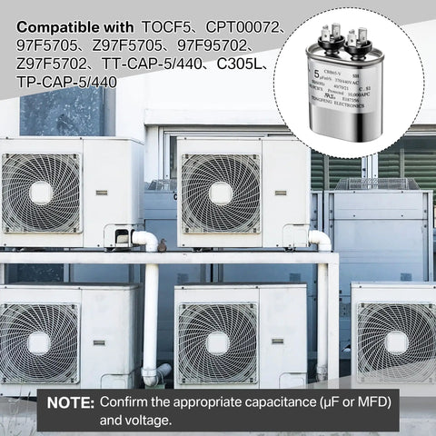 5uF Dual Run Oval Capacitor 370 To 440VAC CBB65-V Built Tough for HVAC units with compatibility details.