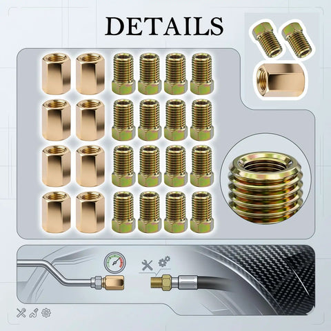 24 Piece 3/16 Brake Line Fittings Kit With 3/8-24 Threads, Inverted And Double Flare Unions And Nuts, 8 Unions And 16 Nuts, Essential Brake Line Repair Set For Flare Fittings, Heavy Duty Auto Grade DIY Gear. brass brake line fittings kit with 8 unions and 16 nuts