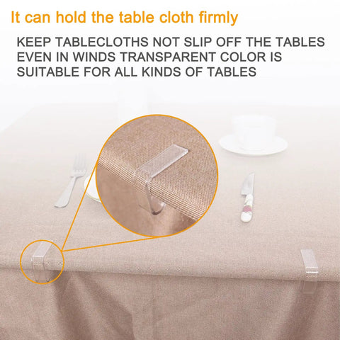 Image showing 24 Pack Transparent Tablecloth Clips, Windproof Plastic Table Cover Clamps securing a beige tablecloth on a table.