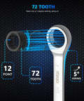 Close-up view of 8 Piece Stubby Ratcheting Wrench Set Five Sixteenth Inch To Three Quarter Inch SAE 12 Point 72 Tooth CRV Steel