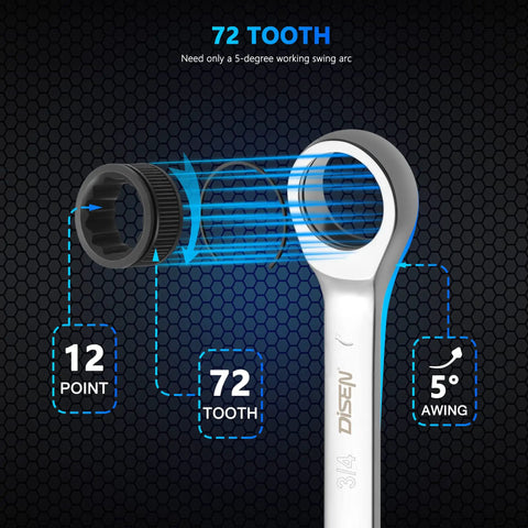 Close-up view of 8 Piece Stubby Ratcheting Wrench Set Five Sixteenth Inch To Three Quarter Inch SAE 12 Point 72 Tooth CRV Steel