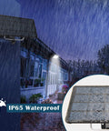 1000 Lumen 48 LED Solar Dusk To Dawn Outdoor Light With Remote Control Kit illuminating in rain showing waterproof feature