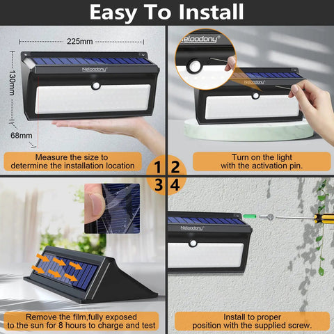 All-Weather 100 LED Solar Motion Lights Outdoor Pack 4 installation guide with solar panel and adjustable settings