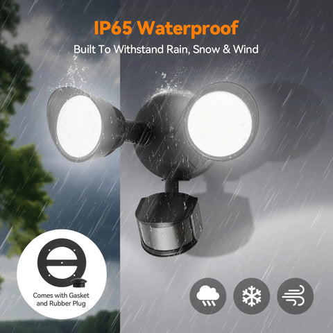 Rock Solid Dual Head LED Flood Light With Auto PIR Motion Sensor, 45W 5500 Lumens 5000K Daylight White, IP65 Weatherproof Hardwired Outdoor Security Light For Yard Or Driveway