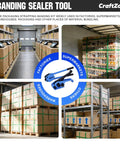 Ready Roll Heavy Duty Poly Strapping Kit With Tensioner And Sealer 5/8 Inch 1000 Foot Coil used in warehouse packing with sealed boxes.