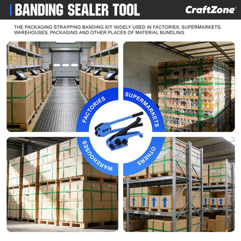 Ready Roll Heavy Duty Poly Strapping Kit With Tensioner And Sealer 5/8 Inch 1000 Foot Coil used in warehouse packing with sealed boxes.