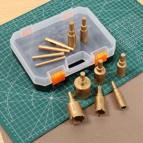Hefty 12 Piece Diamond Hole Saw Kit With Full Drill Bit Set Designed For Smoothly Drilling Ceramic Tile Glass And Brick Tough Core Bits in organized case.