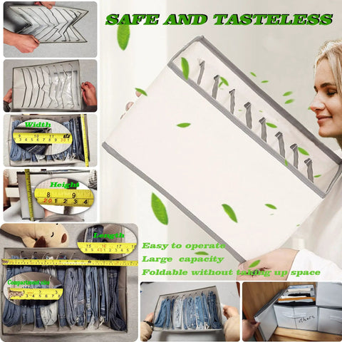 Two Pack Upgraded Closet Organizer With Handle, 9 Grid Thick Fabric Storage Box for jeans shown in various uses and measurements.