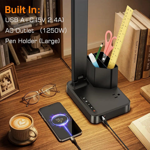 LED Desk Lamp For Home Office With USB Ports And AC Outlet, Dimmable Eye Care Light, Touch Control, Pen Holder on desk