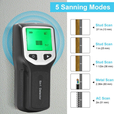 NDNCZDHC Stud Finder Wall Scanner, 5 in 1 Detector HD LCD Display for Wood AC Wire Center Edges (Silver) showing 5 scanning modes.