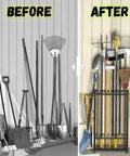 Before and after view of Heavy Duty Garden Tool Organizer Rack With 48 Long Handled Tool Slots And Side Hooks For Rakes Shovels Brooms