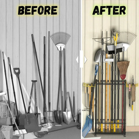 Before and after view of Heavy Duty Garden Tool Organizer Rack With 48 Long Handled Tool Slots And Side Hooks For Rakes Shovels Brooms
