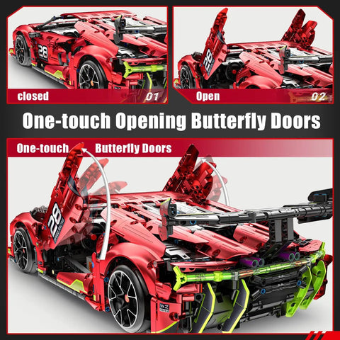 Remote Control Hypercar Building Kit With Five Fast Motors, 1835-Piece Set featuring open one-touch butterfly doors.