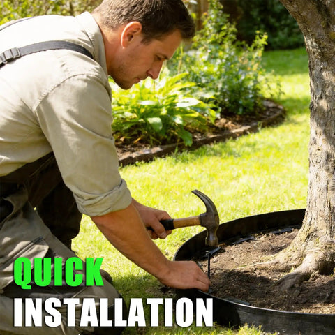 Man installing 100 Ft No-Dig Garden Edging 2 Inch Flexible Landscape Border DIY Friendly Heavy Duty Plastic Lawn Edge With 150 Stakes