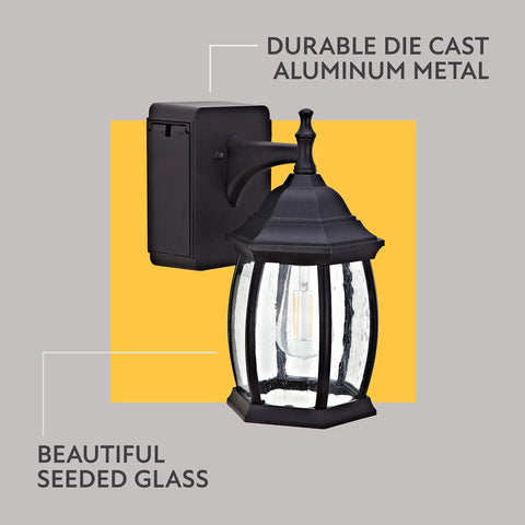 Traditional Outdoor Wall Sconce With Seeded Glass And Two Built In GFCI Outlets For Easy Access Power Black Finish Weather Resistant