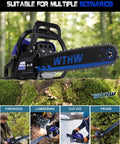 58cc Gas Powered Chainsaw With 20 Inch And 18 Inch Quick Switch Bars displayed on mossy log in forest.