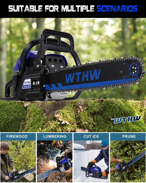 58cc Gas Powered Chainsaw With 20 Inch And 18 Inch Quick Switch Bars displayed on mossy log in forest.